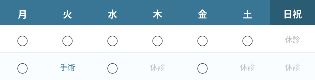 診療時間表：月〜土 午前9:30〜12:30 午後15:00〜18:00 火曜午後は手術 木曜午後・土曜午後・日曜祝日は休診
